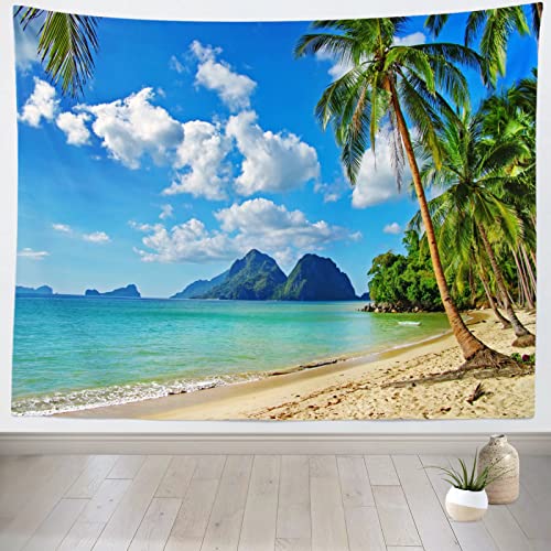 Loccor Tropischer Strand Wandteppich Fotohintergrund Strandlandschaft mit Palme Welle Sommer Hawaii Wandbehang für Schlafzimmer Wohnzimmer College Wohnheim Booth Luau Party Home Dekorationen von Loccor