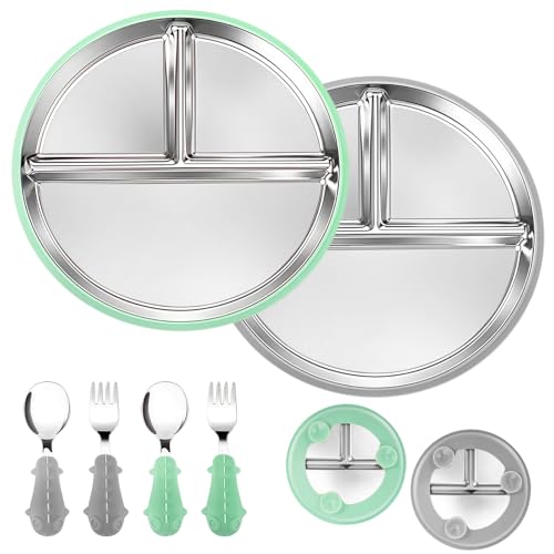 Lociban 2 Stück Edelstahl Babyteller mit Saugnapf, 24.5cm Geteilte Teller mit Abnehmbaren Rutschfest Silikonhüllen für Baby, Unzerbrechliches Kinderteller mit 4 Löffel 4 Gabeln, BPA-frei Lociban 2 Stück Edelstahl Babyteller mit Saugnapf, 24.5cm Geteilte Teller mit Abnehmbaren Rutschfest Silikonhüllen für Baby, Unzerbrechliches Kinderteller mit 4 Löffel 4 Gabeln, BPA-frei von Lociban