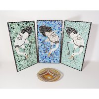 Triptychon Handarbeit Vintage Mosaik Storch Wandkunst Paneele von Lockhead