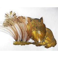 Vintage Original Bijan Mid-Century Katze in Gras Metall Signiert Wand Kunst Skulptur von Lockhead