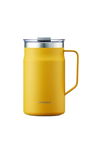 LocknLock Metro Becher Premium 18/8 Edelstahl doppelwandig isoliert mit Griff, perfekt für Tisch mit Deckel, gelb, 590 ml von LocknLock