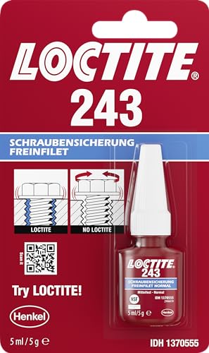 LOCTITE 243, universell einsetzbarer Kleber für die Sicherung von Schrauben, mittelfeste Schraubensicherung für Metallgewinde, Flüssigkleber für z. B. Pumpen, 1x5ml von Loctite