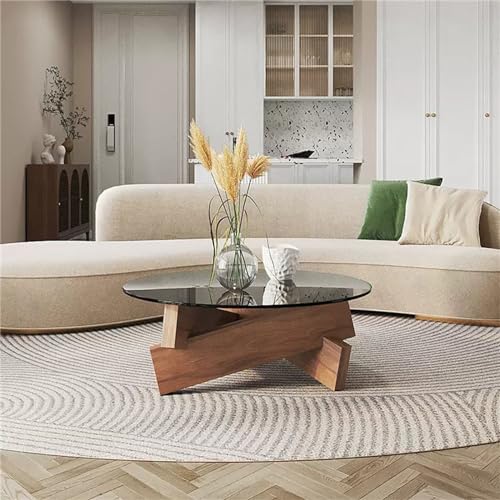 Locuetyn Runder Couchtisch aus Glas, rund, aus Holz, großer runder Couchtisch, moderner runder Couchtisch für Wohnzimmer mit Massivholzbeinen (Nussbaum, 80 x 80 x 40 cm) von Locuetyn