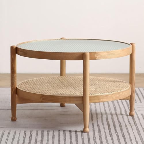 Locuetyn Runder Couchtisch mit Rattan-Ablage, 2-stöckig, Boho-Glasplatte, moderner Snack-Teetisch, Cocktailtisch, Sofatisch für Wohnzimmer, Schlafzimmer von Locuetyn