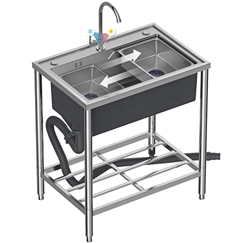 Spülbecken Edelstahl Waschbecken für den Außenbereich, Freistehend Verpflegung Kommerziell Spüle mit Warm Kaltwasserhahn für Küche Werkstatt Bauernhaus Verpflegung Garten Küche Camping von Locuetyn