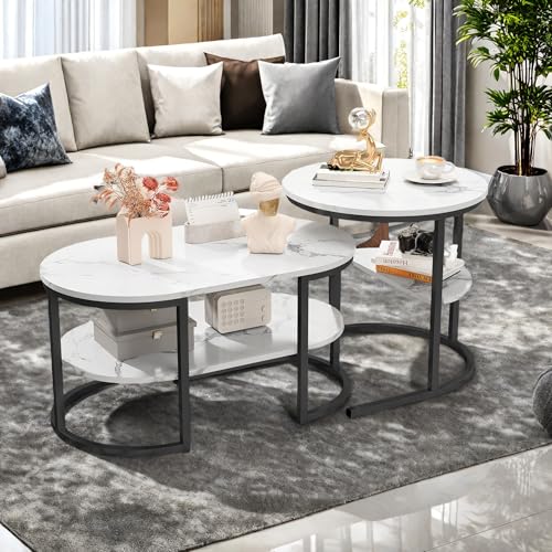 Lodera Couchtisch rund Schwarz 2er Set, Moderner Tisch mit Marmorplatte & Metallgestell, Größe 100x46x41 cm & 52x52x51 cm, Stilvoller Wohnzimmertisch rund schwarz für Wohnzimmer & Büro (Schwarz) von Lodera