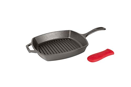 Lodge L8SGP3ASHH41B Gusseisen-Grillpfanne mit rotem Silikon-Griffhalter, vorgewürzt, 26,7 cm von Lodge