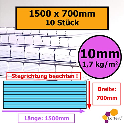 10mm | 10 Stück | 1500x700mm | Löffert® Gewächshausplatten | 1700g/m² Polycarbonat | Stegplatte | 4mm 6mm 8mm 10mm | alle Standard-Größen von Löffert Kunststoffe