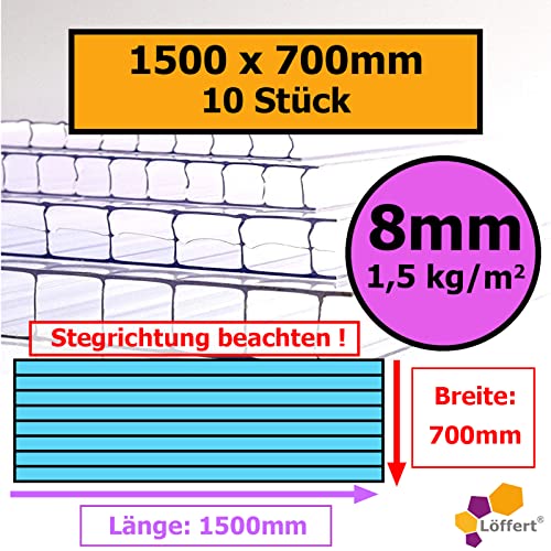 8mm | 10 Stück | 1500x700mm | Löffert® Gewächshausplatten | 1500g/m² Polycarbonat | Stegplatte | 4mm 6mm 8mm 10mm | alle Standard-Größen von Löffert