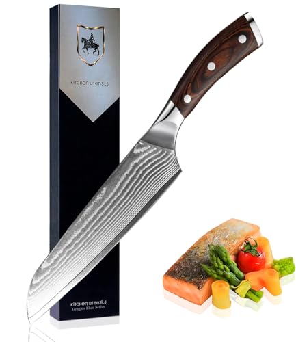 Loeosn Damaszener Santokumesser 7-Zoll-Edelstahl Scharfer Fleisch- und Gemüseschneider Ergonomischer Holzgriff für besseren Grip von Loeosn