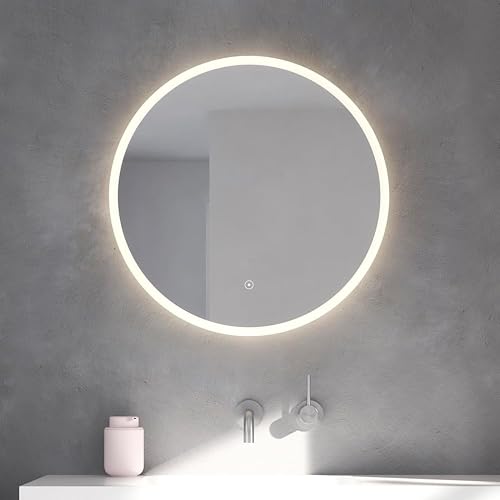 Loevschall Atlas Hochwertiger Badspiegel mit Beleuchtung, Rundspiegel 60 cm, Luxuriöses und Rahmenloses Design, Smart Mirror mit Touch, LED-Front- und Hintergrundbeleuchtung, Helligkeit Dimmbar von Loevschall