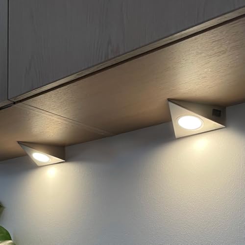 Loevschall Emerald Kit Unterbauleuchte Küche LED 230V, 2er-Kit, Dreieckige LED-Lampe für unterbauleuchte mit 3500K Weißlicht, einfache Installation mit integriertem Schalter, Edelstahl, komplettes Set von Loevschall