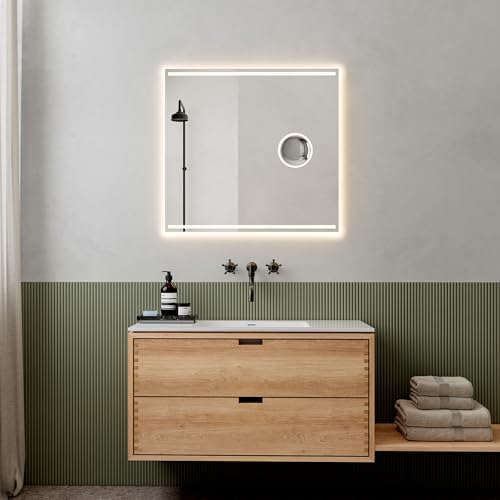 Loevschall Focus Spiegel mit Beleuchtung | LED Spiegel 80x75 cm | Badspiegel mit LED Beleuchtung | Integrierter Schminkspiegel mit Licht | 5X Vergrößerungsspiegel von Loevschall