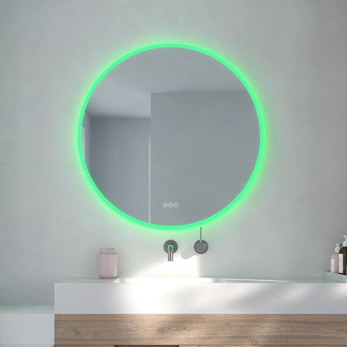 Loevschall Johannesburg LED-Badspiegel mit RGB Beleuchtung, 80 cm, Runder RGB Spiegel, Smart Mirror mit RGB Licht & Weißlicht, Touch-Steuerung, Badspiegel mit Front- und Hintergrundbeleuchtung, CRI 95 von Loevschall