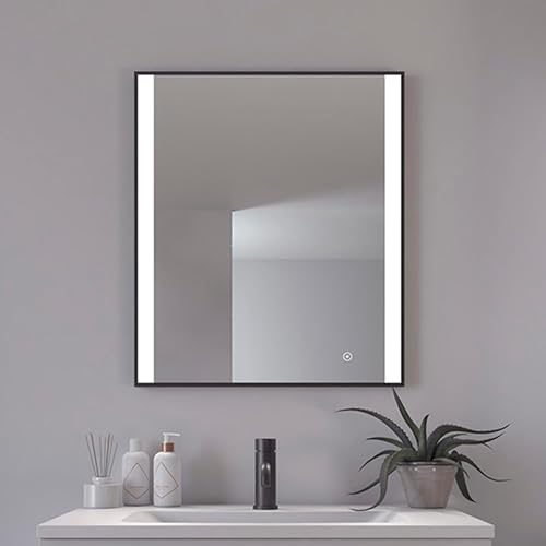 Loevschall Libra Modernes Badspiegel mit Beleuchtung, 60x70 cm, Quadratischer Spiegel, Smart Mirror mit Touch-Schalter, Schwarzer Rahmen, Badezimmer Spiegel mit 5 cm LED Lichtfield, Helligkeit Dimmbar von Loevschall