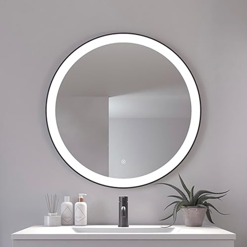 Loevschall Libra Modernes Badspiegel mit Beleuchtung, Spiegel Rund 80 cm, Smart Mirror mit Touch-Schalter, Schwarzer Rahmen, Badezimmer Spiegel mit 5 cm LED Lichtfield, Helligkeit Dimmbar, CRI > 90 von Loevschall