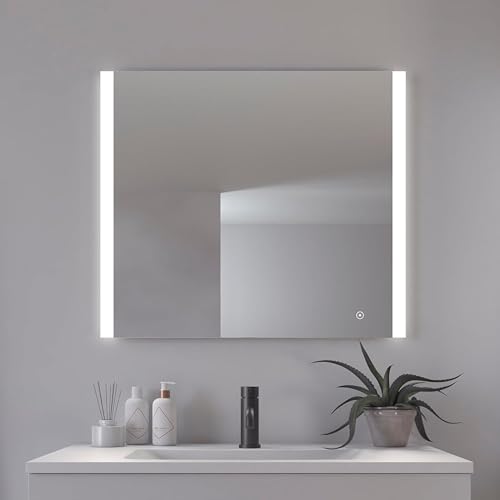 Loevschall Vega Square Spiegel mit Beleuchtung, 80x70 cm, Smart LED Spiegel Dimmbar mit Touch-Funktion, Badezimmerspiegel mit LED-Front- und Hintergrundbeleuchtung, CRI 90 für Natürliche Farben, IP44 von Loevschall