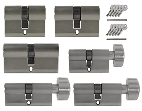 Set6 6x Zylinderschloss gleichschließend verschiedene Größen 1x70mm 1x 80mm 1x100mm/1x70mm 2x90mm mit Knauf inkl. 10x Schlüssel (mit Not- und Gefahrenfunktion) von Löwen Sicherheit
