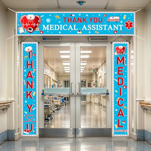 Lofaris 3-teiliges Banner für medizinische Assistenten, 249,9 x 49,8 cm, Dankeschön-Türschild und vertikale Banner, Polyester, Krankenhaus-Dekor mit medizinischen Cartoon-Symbolen von Lofaris