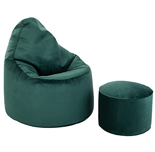 Loft 25 Capriccio Velvet Sitzsack Sessel| Samtweicher Premium Indoor Sitzsack für das Wohnzimmer | Ergonomisches Design zur Unterstützung der Körperhaltung (Sitzsack + Fußhocker, Forest) von Loft 25