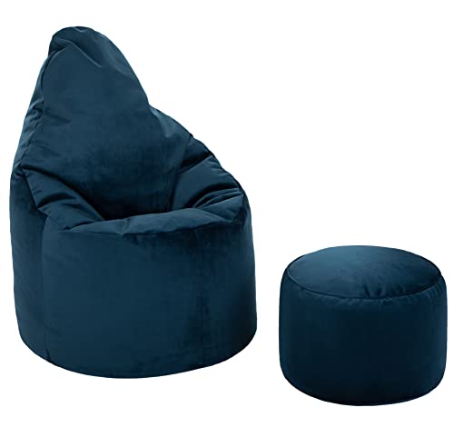 Loft 25 Capriccio Velvet Sitzsack Sessel| Samtweicher Premium Indoor Sitzsack für das Wohnzimmer | Ergonomisches Design zur Unterstützung der Körperhaltung (Sitzsack + Fußhocker, Pacific) von Loft 25