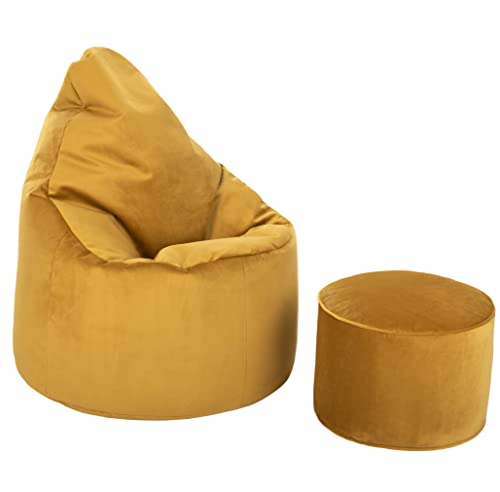 Loft 25 Capriccio Velvet Sitzsack Sessel| Samtweicher Premium Indoor Sitzsack für das Wohnzimmer | Ergonomisches Design zur Unterstützung der Körperhaltung (Sitzsack + Fußhocker, Tumeric) von Loft 25