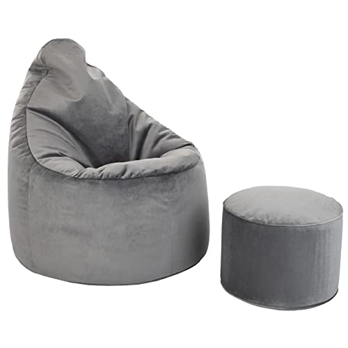 Loft 25 Capriccio Velvet Sitzsack Stuhl | Premium Samt Sitzsack für den Innenbereich für Haus und Wohnzimmer | Ergonomisches Design zur Körperunterstützung (Sitzsack + Schemel Pouffe, Slate) von Loft 25