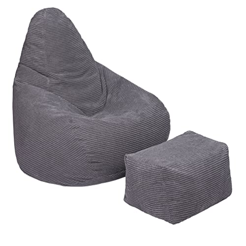 Loft 25 Sitzsack mit Hoher Rückenlehne für Erwachsene | Cordstoff, Innenfutter | Ergonomisches Design für Körperunterstützung (Holzkohle, Sitzsack+Hocker) von Loft 25