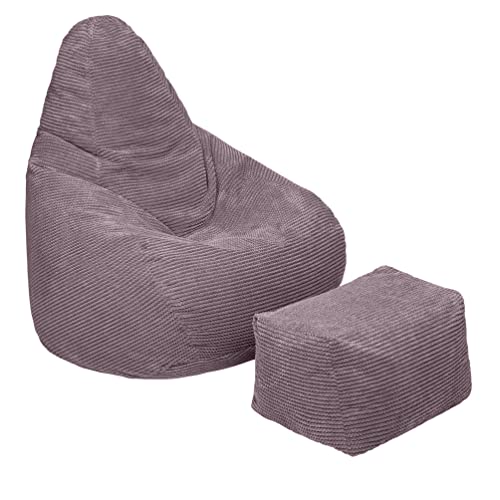 Loft 25 Sitzsack mit Hoher Rückenlehne für Erwachsene | Cordstoff, Innenfutter | Ergonomisches Design für Körperunterstützung (Mink, Sitzsack+Hocker) von Loft 25
