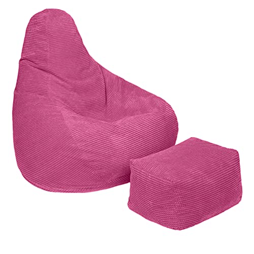 Loft 25 Sitzsack mit Rückenlehne für Erwachsene | Cordstoff, Innenfutter | Ergonomisches Design zur Unterstützung der Körperhaltung (Rosa, Sitzsack + Fußhocker) von Loft 25