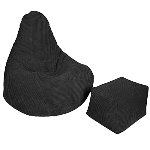 Loft 25 sitzsack Cord mit Fußhocker – Gaming sitzsack mit füllung, Komfortabler Bean Bag, sitzsack Erwachsene mit hohem Rücken,sitzsäcke,Bean Bag Chair (Schwarz, Sitzsack + Fußhocker) von Loft 25