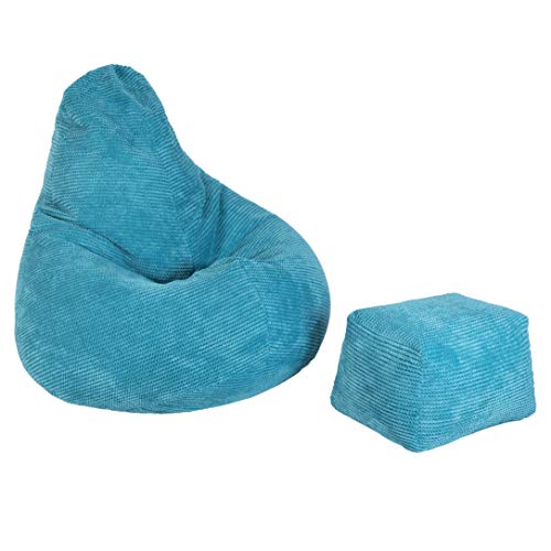 Loft 25 sitzsack Cord mit Fußhocker – Gaming sitzsack mit füllung, Komfortabler Bean Bag, sitzsack Erwachsene mit Rückenlehne,sitzsäcke,Bean Bag Chair (Blaugrün, Sitzsack + Fußhocker) von Loft 25