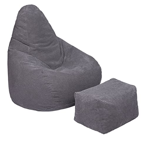 Loft 25 sitzsack Cord mit Fußhocker – Gaming sitzsack mit füllung, Komfortabler Bean Bag, sitzsack Erwachsene mit Rückenlehne,sitzsäcke,Bean Bag Chair (Holzkohle, Sitzsack + Fußhocker) von Loft 25