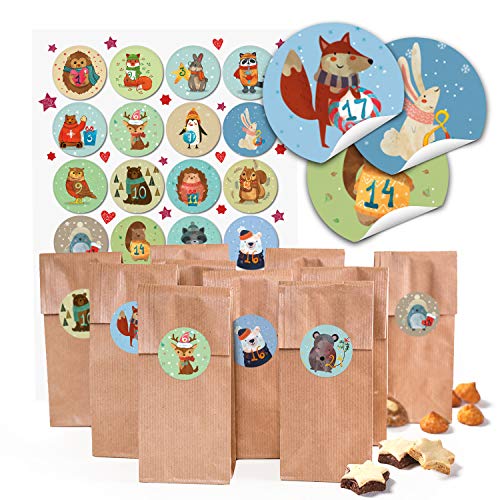 24 kleine braune Papier-Tüten Boden-Beutel mit Pergamin-Einlage 7 x 4 x 20,5 cm + 1 bis 24 Zahlen Aufkleber Winter-Tiere bunt basteln befüllen Advents-Kalender Kinder Weihnachten bio von Logbuch-Verlag