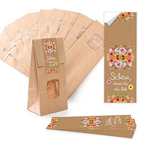 25 kleine braune SCHÖN DASS DU DA BIST Kraftpapier Gastgeschenk Tischdeko Geschenktüte Papiertüte 7 x 4 x 20 cm FENSTER + Aufkleber Verpackung Gastgeschenk give-away Fest pink rosa von Logbuch-Verlag