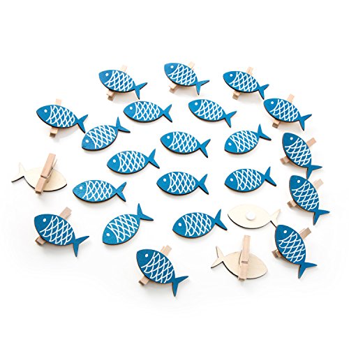 Deko-Set: 24 Teile in blau weiß: 12 kleine Deko-KLAMMERN Fisch 5 cm + 12 Fische 5,5 cm als Maritime Dekoration … Zier-Klammern Holz-Klammern Mini-Klammern Mini-Wäscheklammern von Logbuch-Verlag