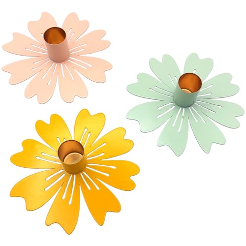 Kerzenhalter Blumen Frühling SommerKerzenhalter Blumen 3er Set Metall 12,5 cm – für Stabkerzen in Rosa Mintgrün Gelb, Frühlingsdeko & Sommerdeko für den Tisch – Logbuch-Verlag von Logbuch-Verlag