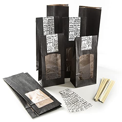 Logbuch-Verlag 10 Blockbodenbeutel mit Fenster + Aufkleber schwarz weiß 8,5 x 5 x 26,5 cm - Geschenk Verpackung Lebensmittelecht für Pralinen, Tee, Kaffee von Logbuch-Verlag