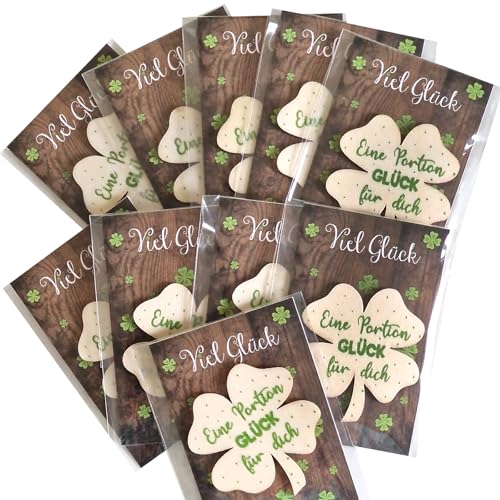Logbuch-Verlag 10 kleine Glücksbringer 2025 Kleeblatt aus Holz mit Viel Glück Karte für Kunden Mitarbeiter Freunde 8,5 x 5,5 cm von Logbuch-Verlag