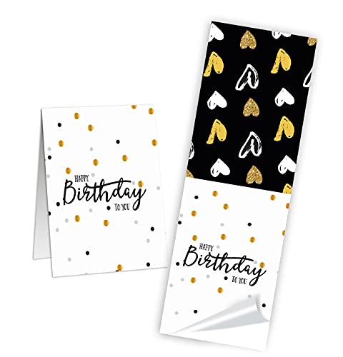 Logbuch-Verlag 10 lange Geschenkaufkleber HAPPY BIRTHDAY schwarz gold weiß mit Herzen - Aufkleber Verzierung Geburtstagsgeschenk 5 x 14,8 cm von Logbuch-Verlag
