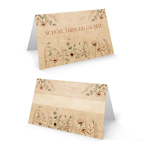 Tischkarten Boho, 100er Set: Namensschilder Schön, dass du da bist, Für Hochzeit, Geburtstag, Taufe, Konfirmation & Kommunion, Festdeko Tisch, Platzkarten zum Beschriften, Tischkärtchen, 8,5 x 5,5 cm von Logbuch-Verlag