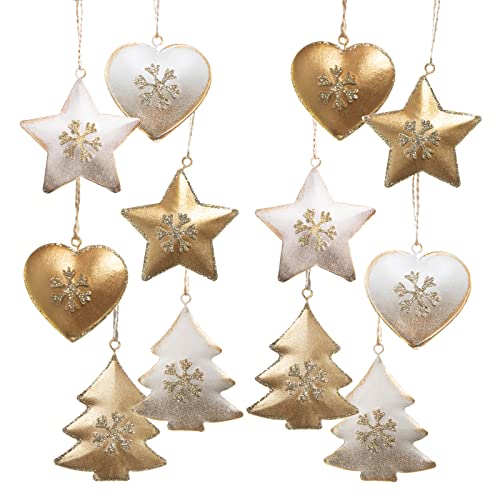 Logbuch-Verlag 12 Weihnachtsbaumanhänger Sterne Herzen Bäume aus Metall Gold weiß 5 cm - Weihnachtsdeko zum Aufhängen von Logbuch-Verlag