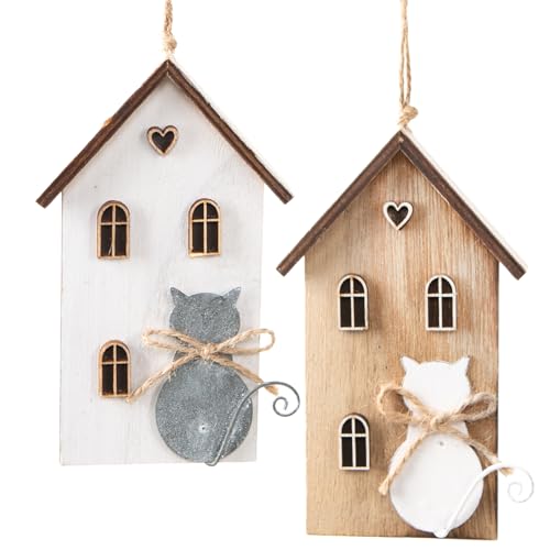 Logbuch-Verlag 2 Deko Häuser mit Katze Natur grau weiß Holz Geschenkanhänger Hängedekoration Frühling Katzendeko zum Aufhängen 8 x 14 cm von Logbuch-Verlag
