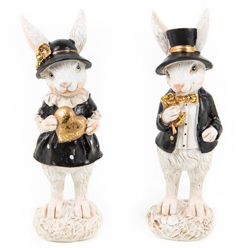 Logbuch-Verlag Osterhase Deko-Figuren, 2er Set: Schwarz-weißes Osterhasen-Paar, Osterdeko aus Polyresin, Deko-Hasen für Tisch, Kommode & Fensterbank, Indoor, Cake Topper, 10 cm von Logbuch-Verlag