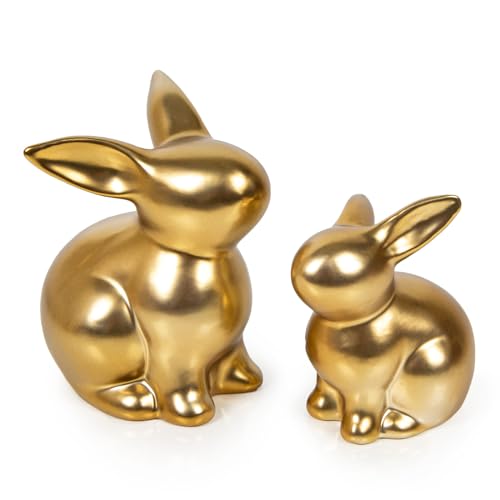 Logbuch-Verlag 2 goldene Osterhasen aus Dolomit Hasen Figuren groß & klein Hasenpaar antik-Gold Ostergeschenk Set 10-13 cm von Logbuch-Verlag