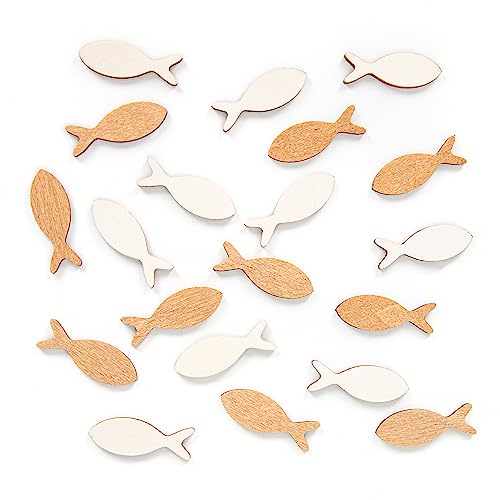 Logbuch-Verlag 20 kleine Fische Holz Deko 4 cm mini Holzfische zum Basteln Tischdeko Streuartikel Kommunion Taufe weiß Natur von Logbuch-Verlag