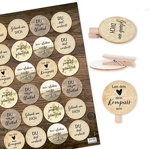 Logbuch-Verlag 24 Sprüche Klammern Motivation Affirmation kleines Geschenk Dekoklammern als Verzierung für Verpackungen Ø 4 cm von Logbuch-Verlag