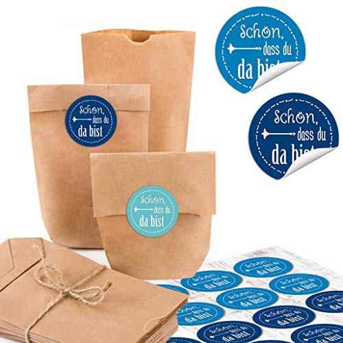 Logbuch-Verlag 24 kleine Kraftpapier Tüten 9 x 15 x 3,5 cm mit Aufkleber Schön, dass du da bist blau türkis - Geschenk Verpackung Mitgebseltüte maritim von Logbuch-Verlag