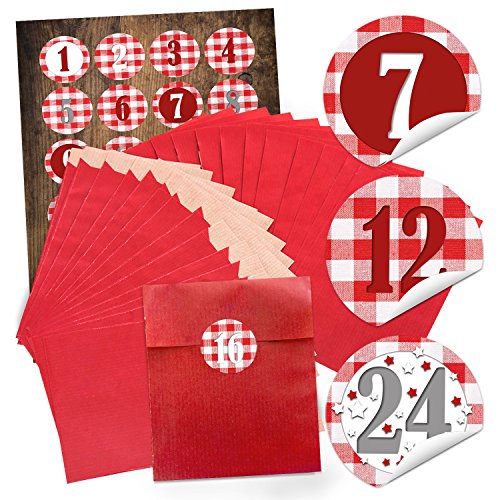 Logbuch-Verlag 24 rote Geschenktüten Weihnachten Weihnachtstüten SET (13 x 18 cm) + 24 runde Aufkleber 4 cm rot weiß Zahlen 1-24 z. Befüllen von Logbuch-Verlag