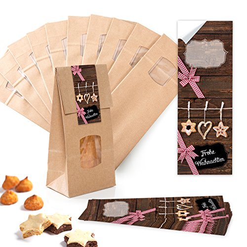 Logbuch-Verlag 25 braune Weihnachten Tüten Blockbodenbeutel mit Fenster foliert 10,5 x 6,5 x 29 cm + Weihnachtsaufkleber von Logbuch-Verlag